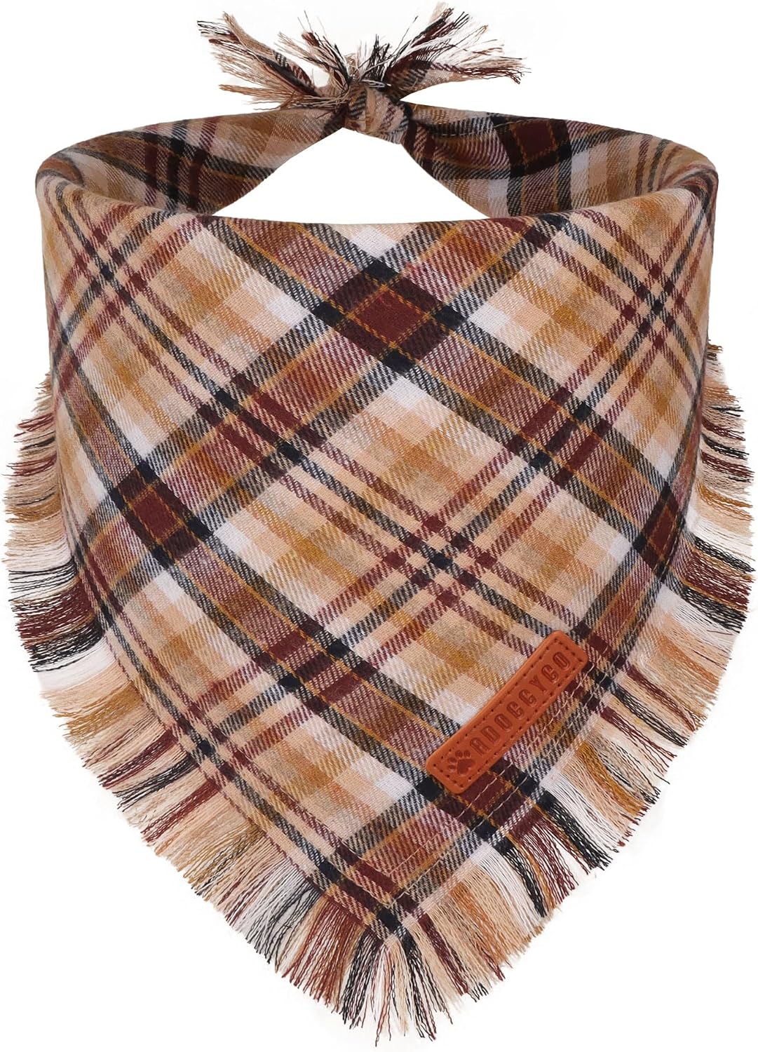 Brown Plaid Fall Dog Bandana, Fringed Thanksgiving Dog Scarf, L