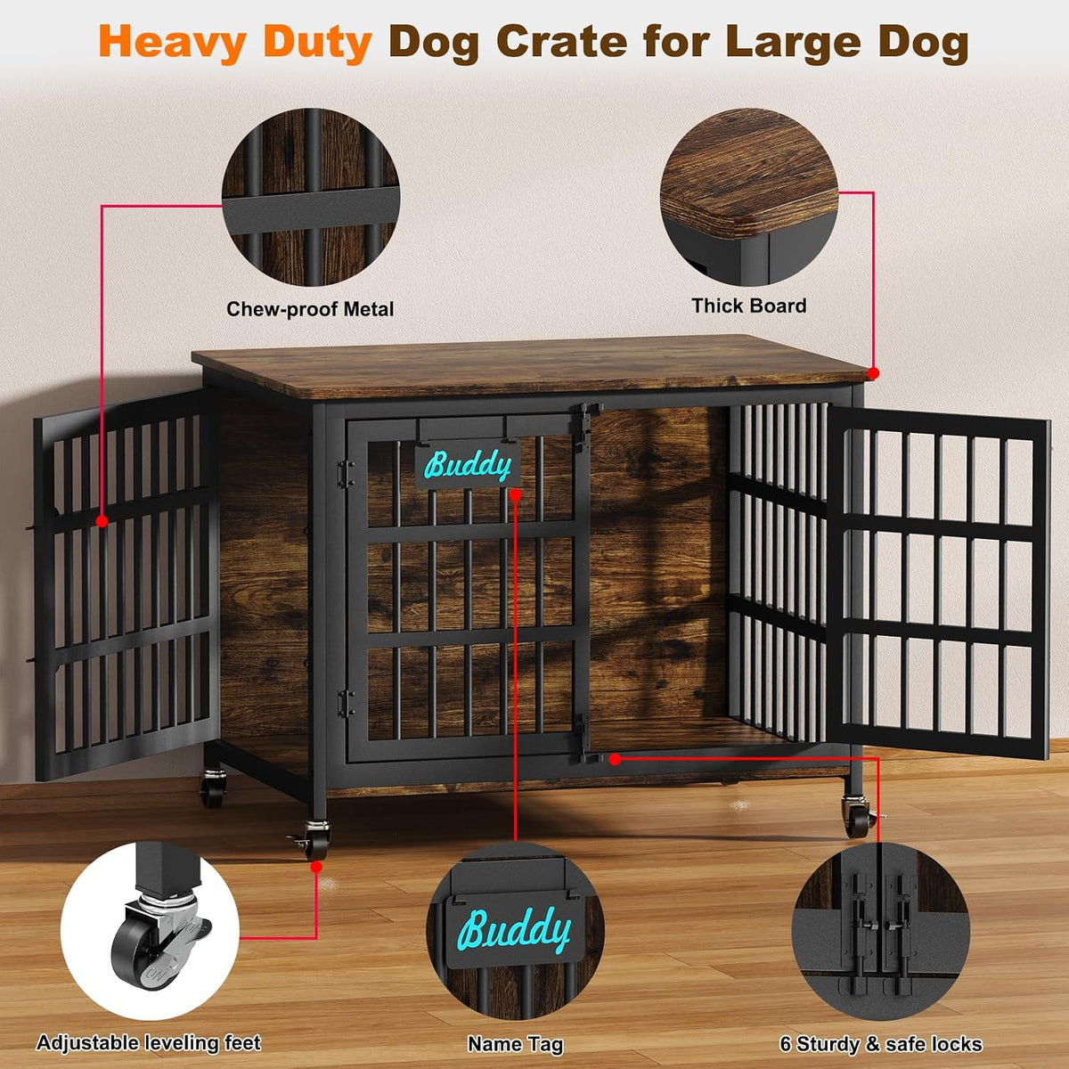 EasyCom 41''Dog Crate Furniture with Wheels, Dog Cage for Medium Dogs DC103