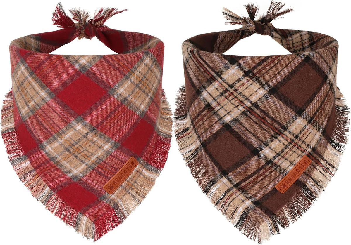 Fall Dog Bandanas with Fringe, Red Brown Plaid Dog Scarf, Large