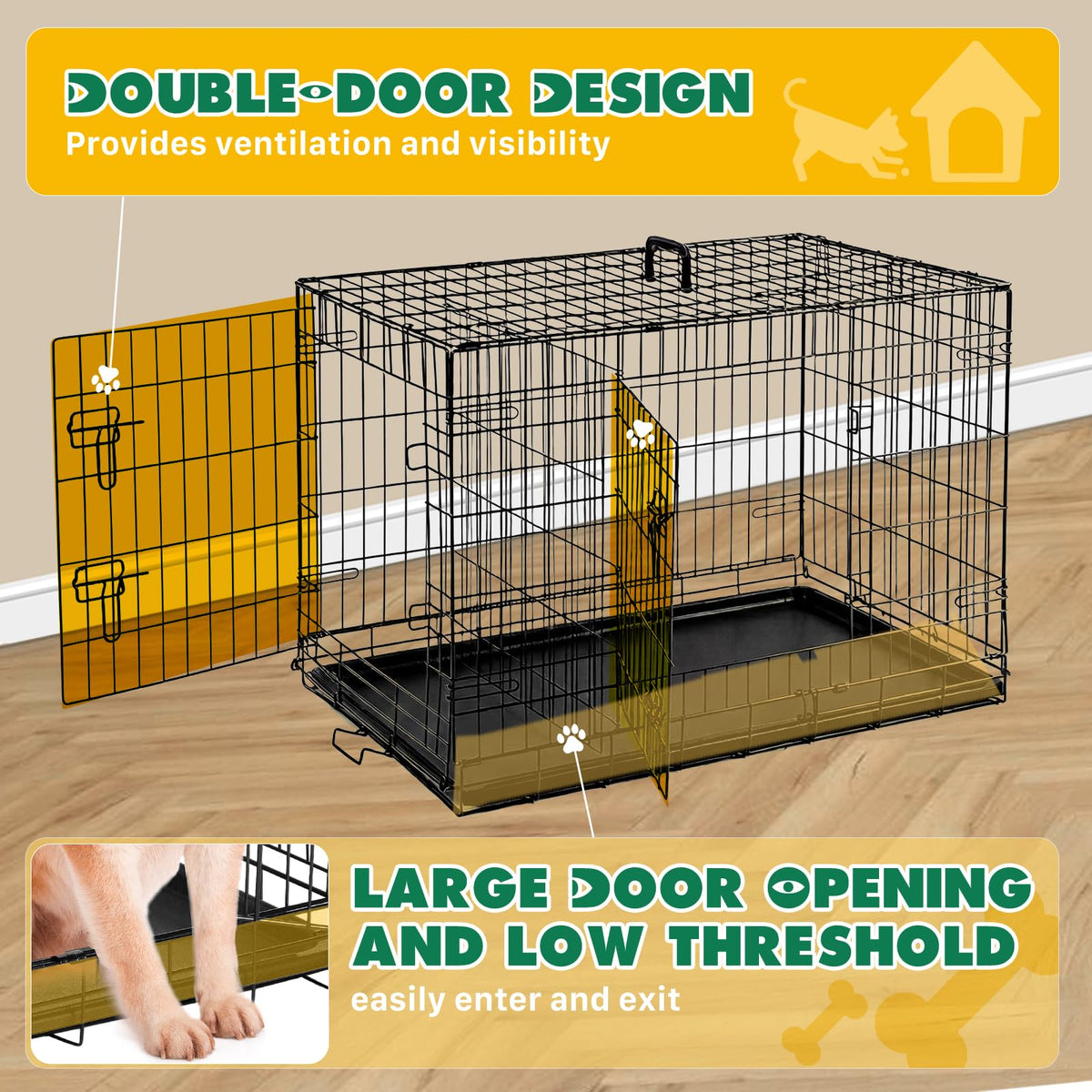 Aidoly Large Dog Crate 42 Inch Foldable Double Door Dog Cage Pet Kennel