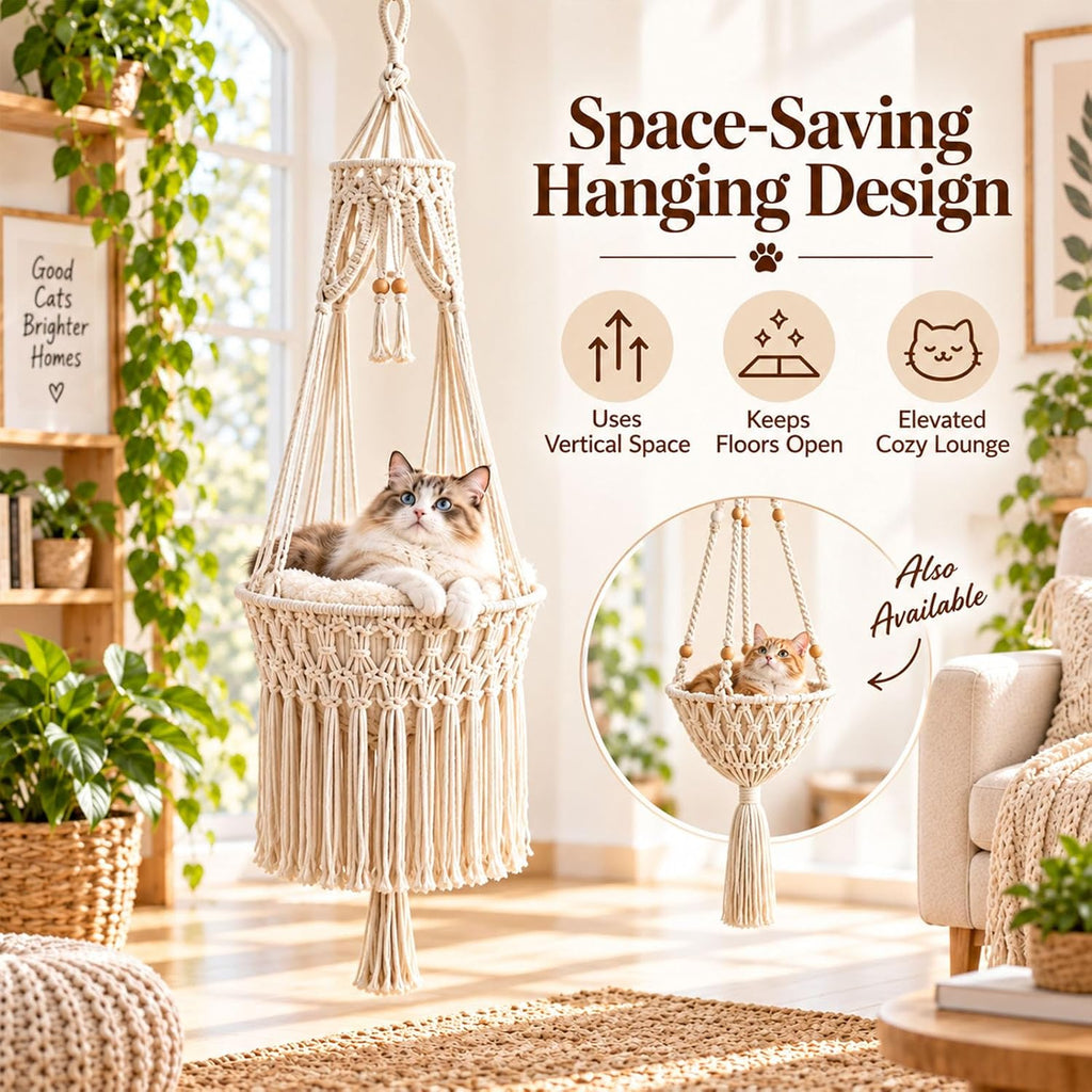 Boho Hanging Cat Bed, Macrame Cat Hammock with Plush Cushion (#A)