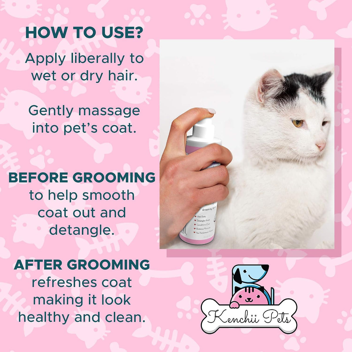 Kenchii Cat Fur Detangler Spray 8oz, All-Natural Coat Conditioner