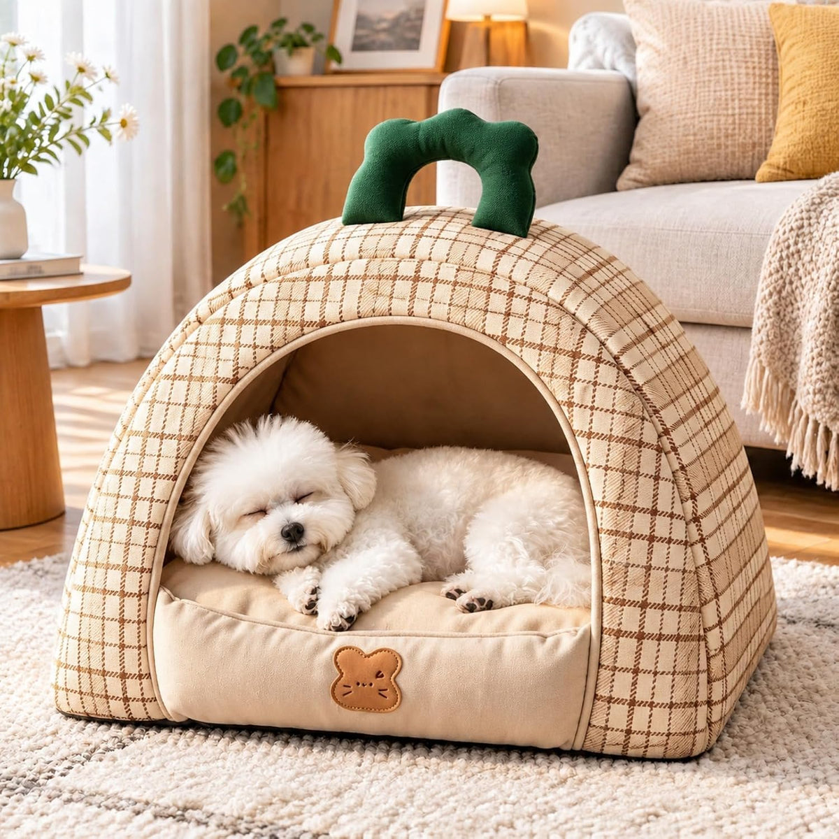 Small Dog House Indoor with Carry Handle & Washable Pad,Pet Cave Bed，Pink：L