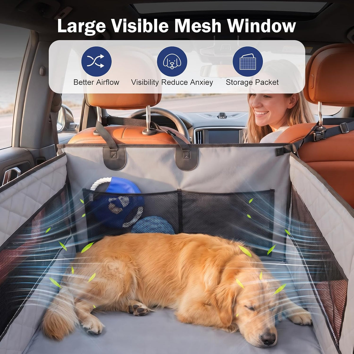 MIXJOY Dog Car Seat for Large Medium Dogs, Back Seat Extender for Pets, Waterproof Pet Carseat for Medium Sized Dog, Ham