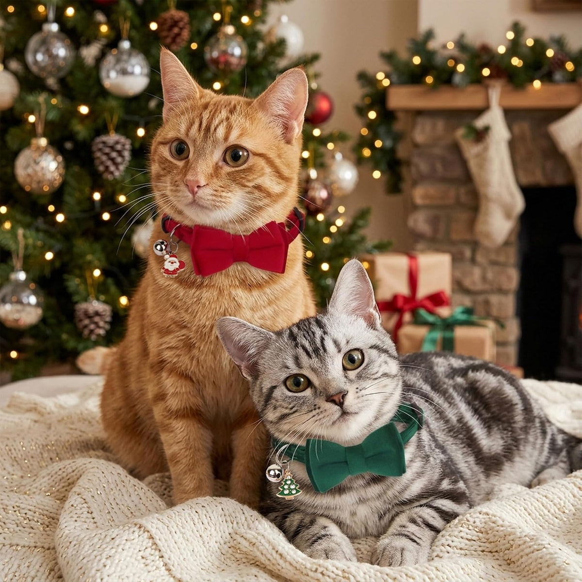 Red Green Christmas Cat Collar Breakaway, Xmas Cat Bow Tie Collar