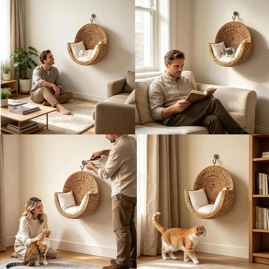 Wooden Handwoven Hanging Cat Bed, Boho Wall Mounted Cat Perch