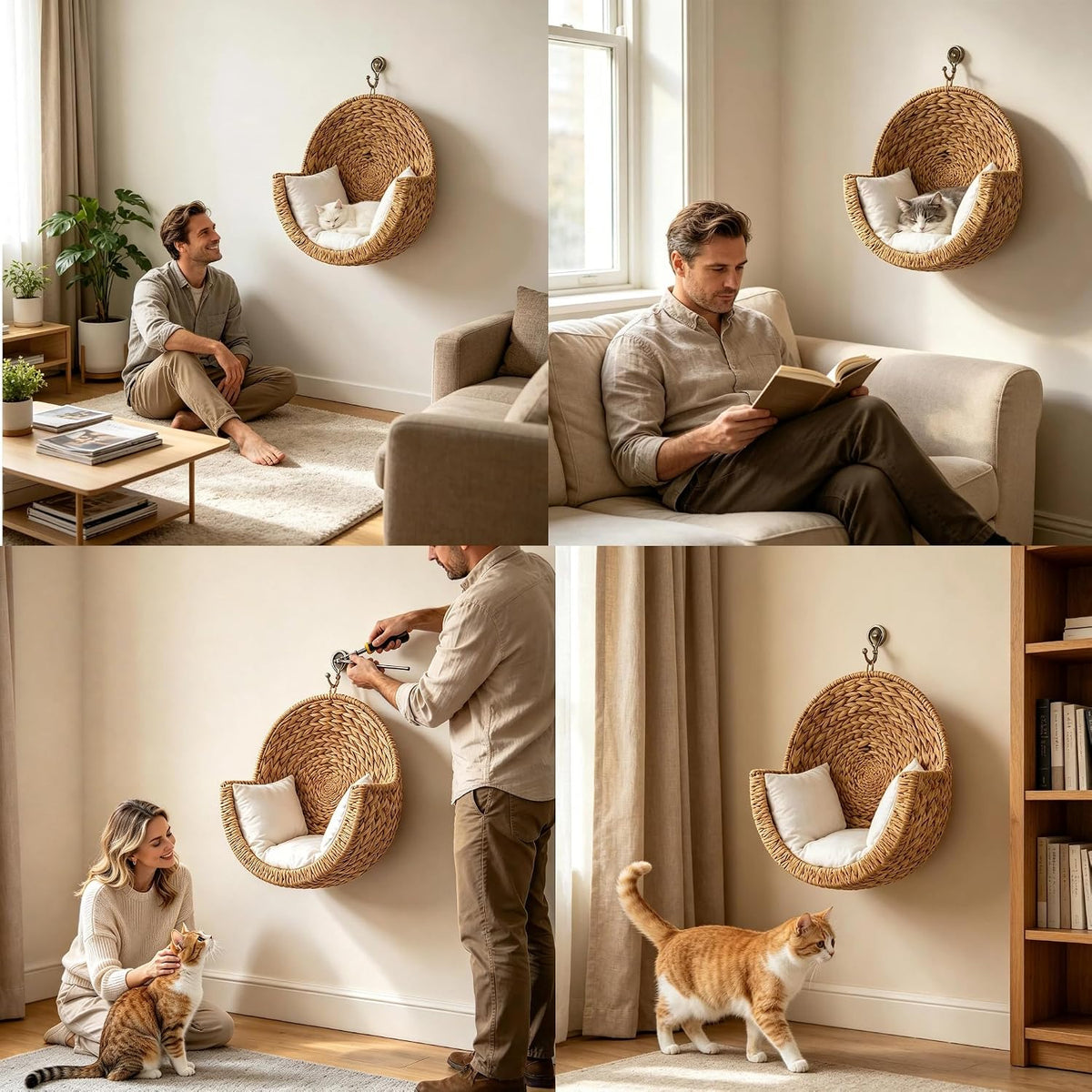 Wooden Handwoven Hanging Cat Bed, Boho Wall Mounted Cat Perch