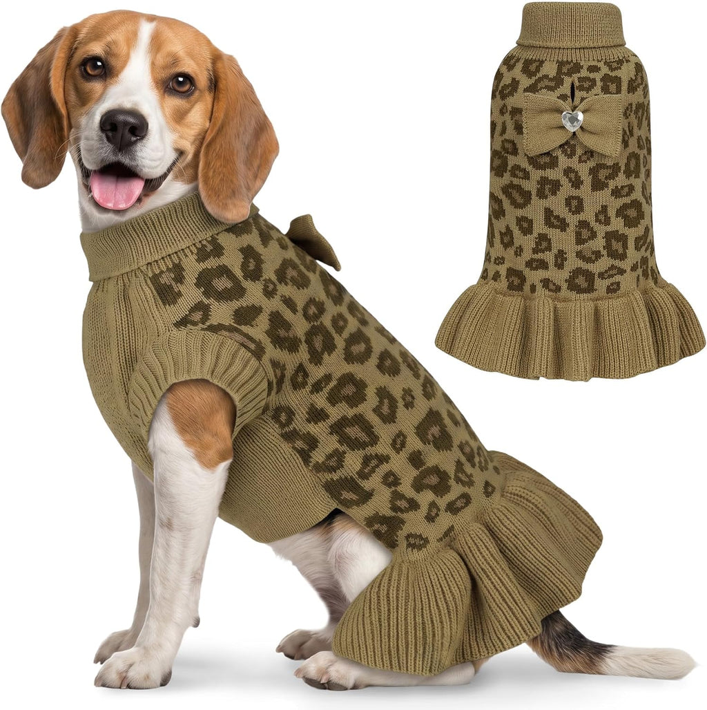 WOYYHO Small Dog Sweater Dress with Bowtie, Knitted Leopard Pet Dog Clothes