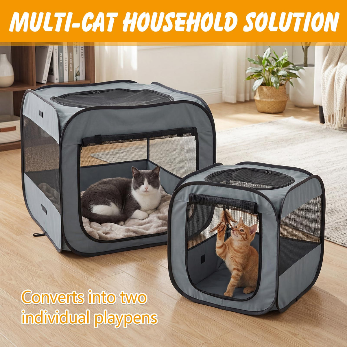 Portable Cat Playpen with Litter Area, Foldable Pet Tent, Gray