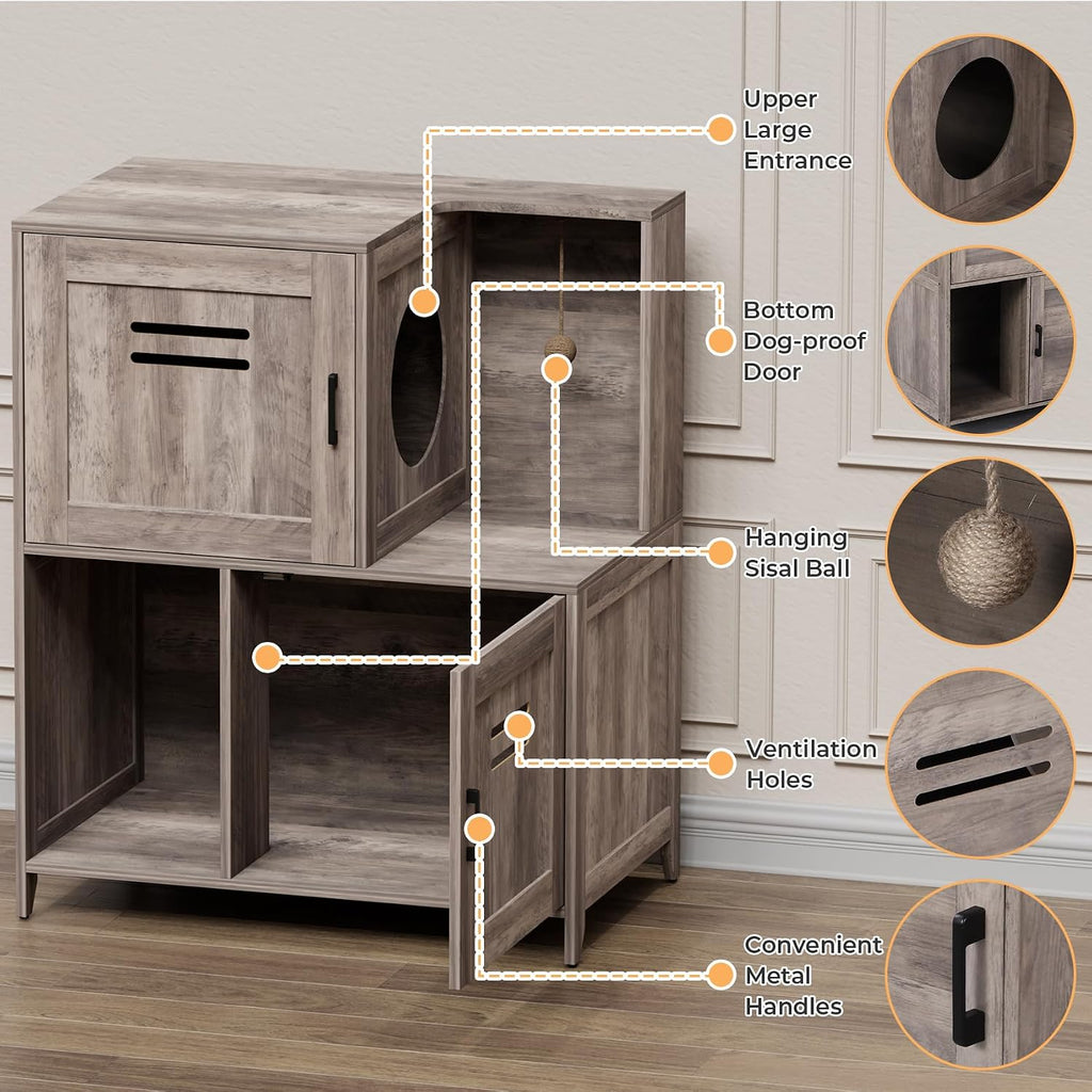 Wooden Cat Litter Box Enclosure Furniture, Double‑Tier Hidden Cat Litter Cabinet with Sisal Hanging Ball & Ventilation H