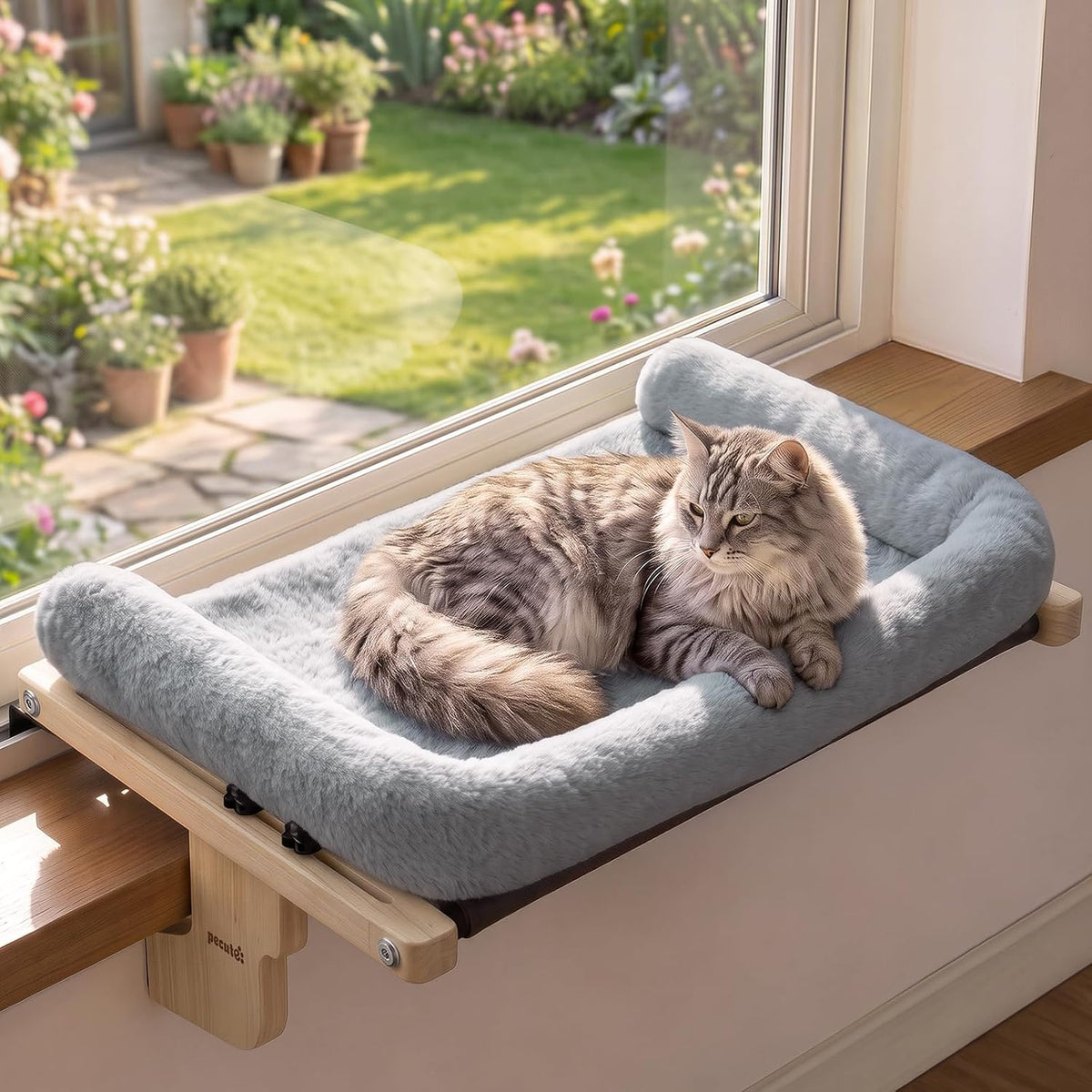 Pecute Cat Windowsill Perch, Cloud-Soft Cat Bed with Wood Frame, 18.9"L