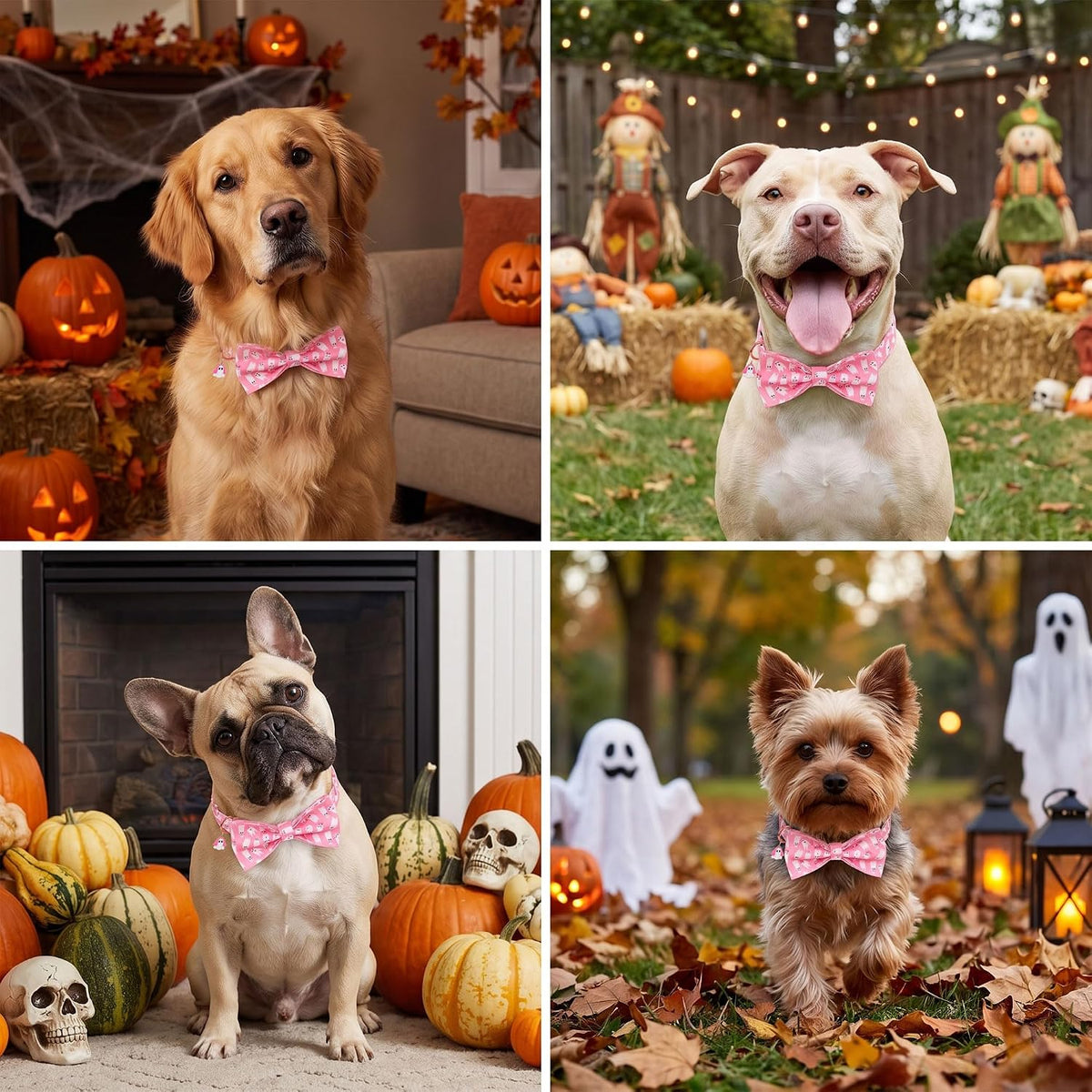 Pink Halloween Dog Collar Girl, Ghost Bow Dog Bow Tie Collar L