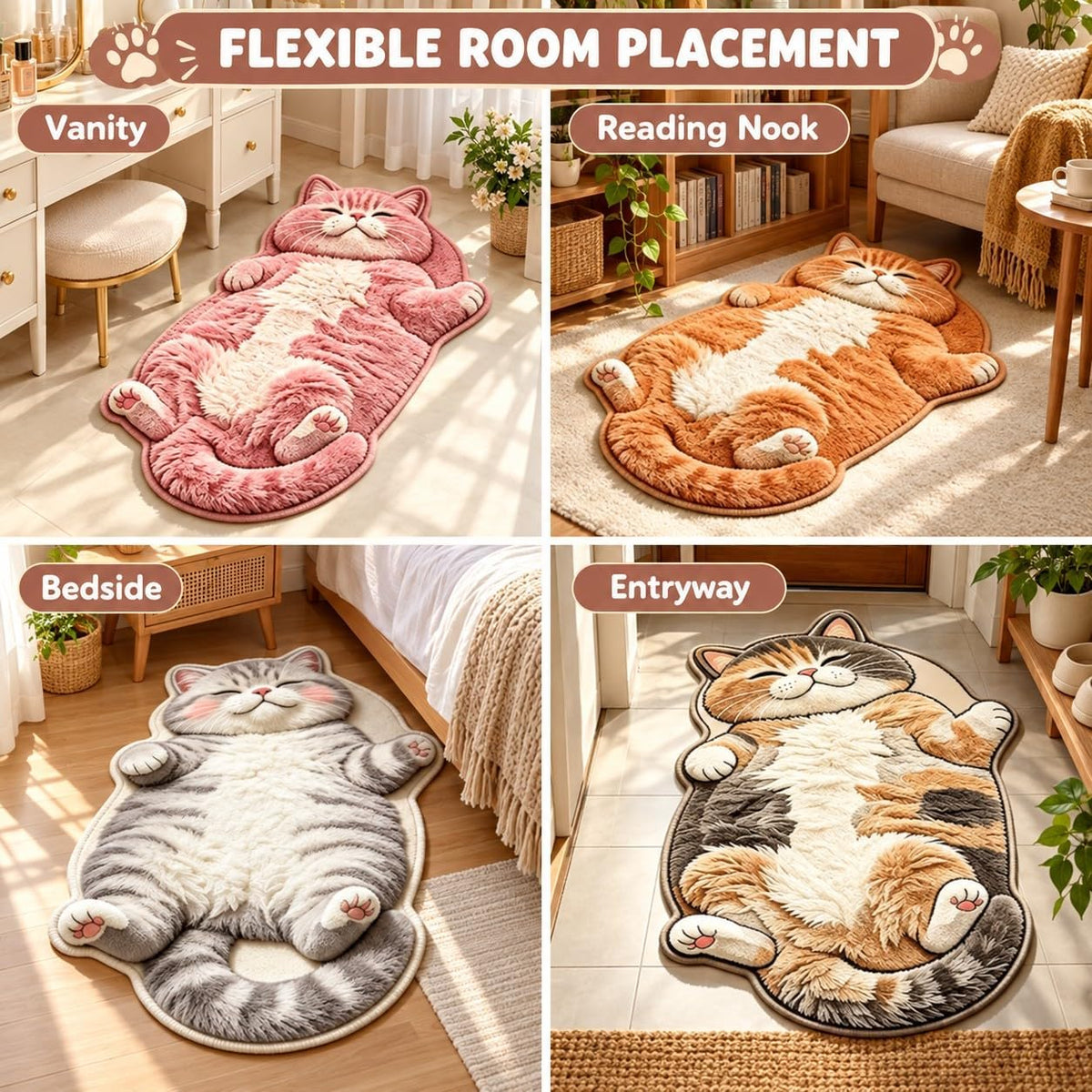 Sleeping Cat Rug, Plush Cat Shaped Floor Mat for Bedroom and Entryway