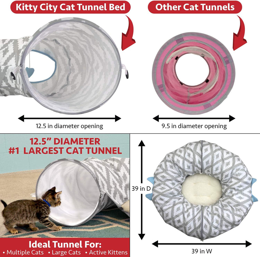 Kitty City Large Cat Tunnel Bed, 2-in-1 Zip-Together Cat Play Tunnel & Plush Nap Bed, Pop-Up Indoor Cat Toy with Hanging