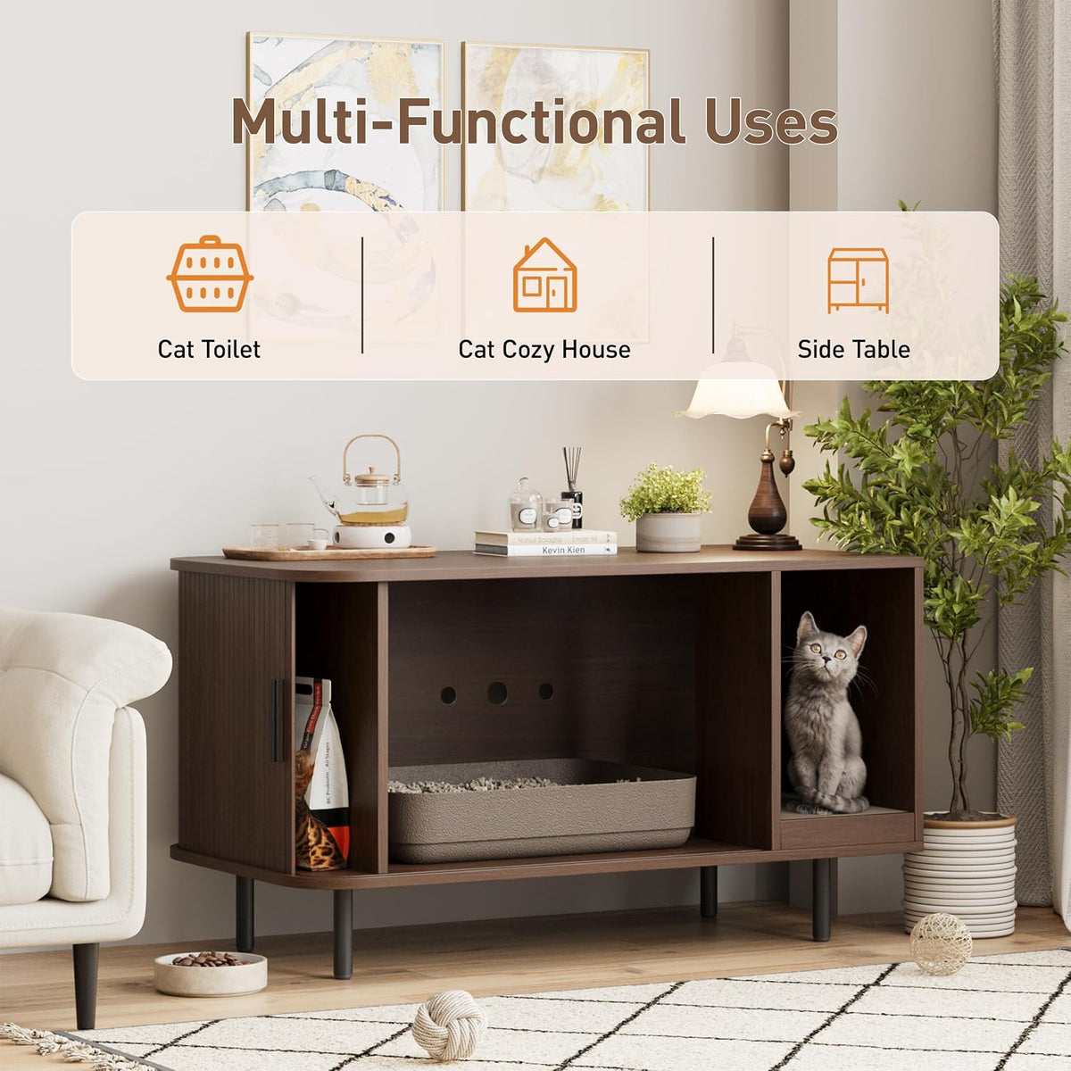 37.4" Cat Litter Box Enclosure with Scratch Pad, Sliding Door