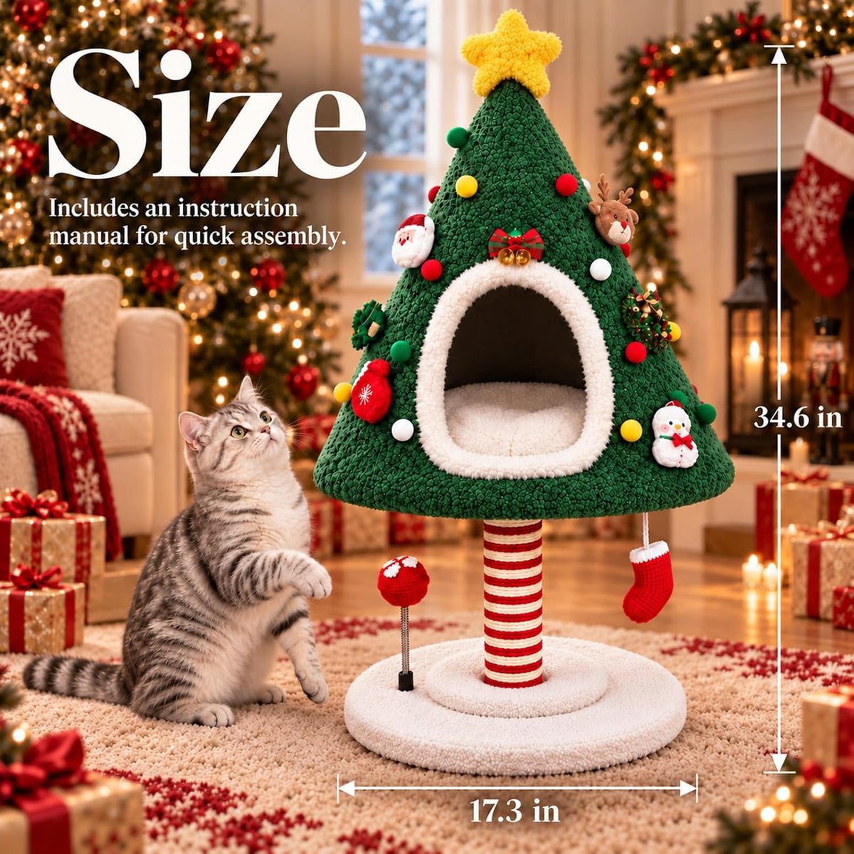 Cat Christmas Tree with Plush Cat Condo and Sisal Scratching Post