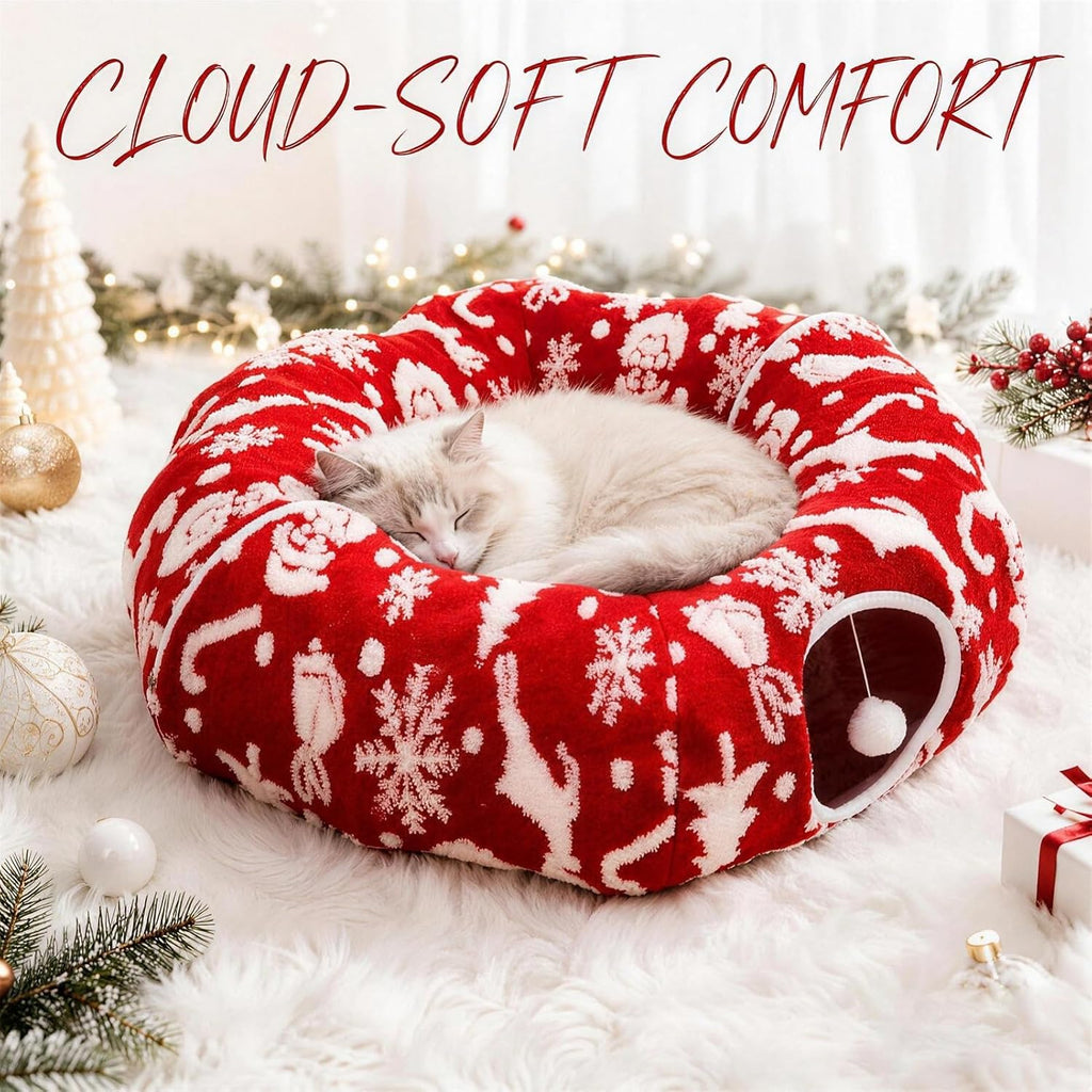 35.4" Christmas Cat Tunnel Bed, Plush Cat Cave & Tree Skirt