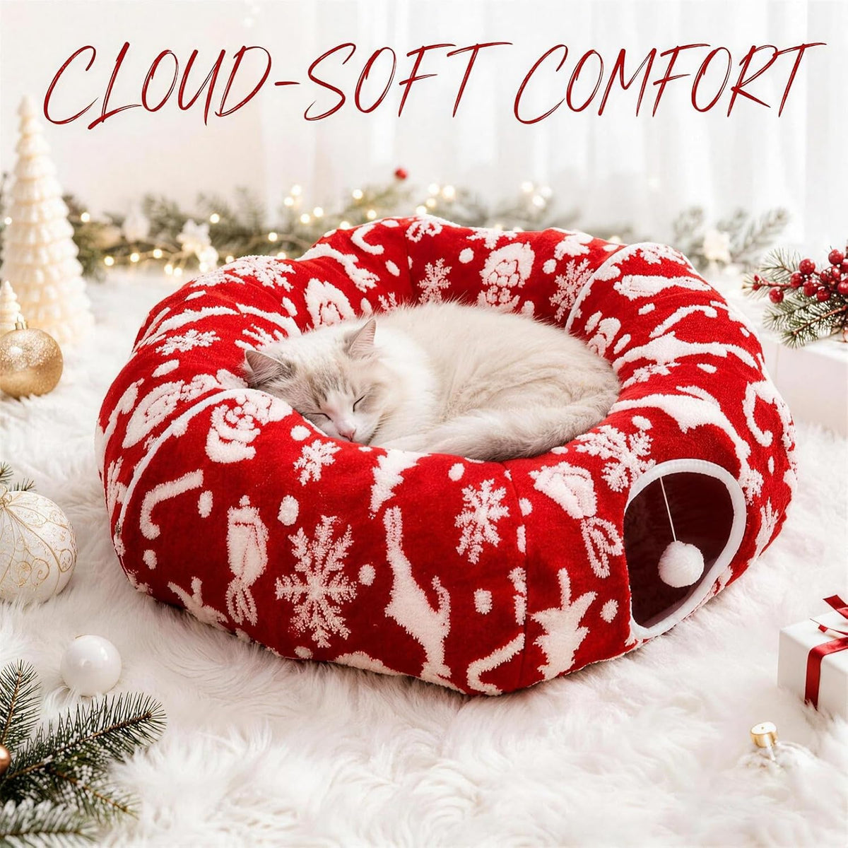 35.4" Christmas Cat Tunnel Bed, Plush Cat Cave & Tree Skirt