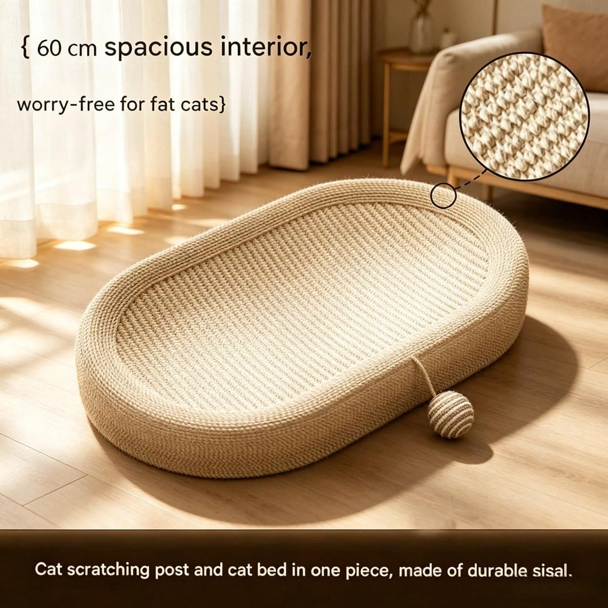 Cat Scratching Board Bed Oval with Sisal Rope, Indoor Resting Mat