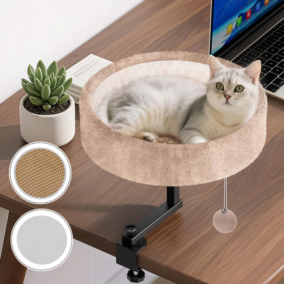 Cat Desk Bed, 360° Rotating & Height Adjustable Cat Bed, 50 lbs
