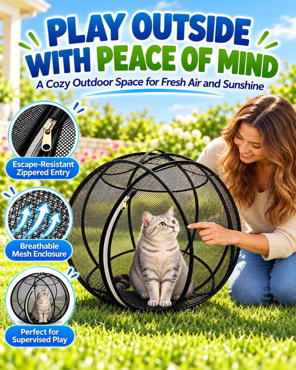 360° Panoramic Pop-Up Rolling Cat Playpen Ball,Outdoor Foldable Enclosure