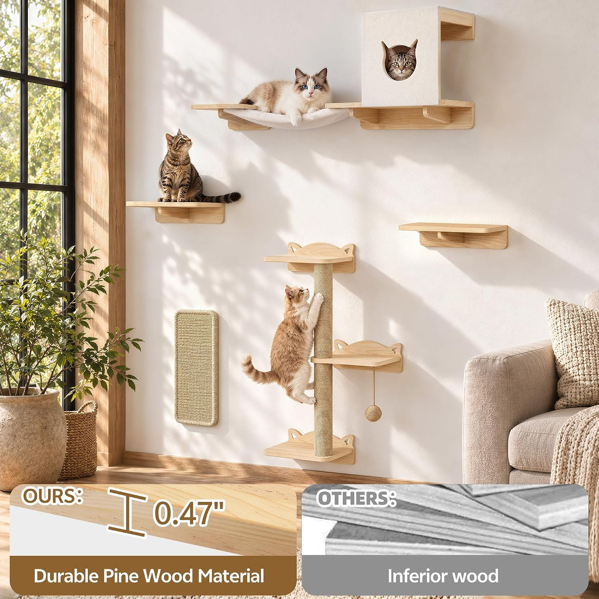Wood Cat Wall Shelves, 11-in-1 Set, Wall Mounted Cat Shelf, Beige