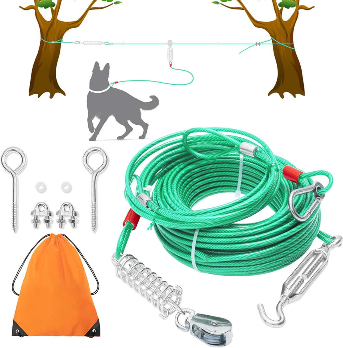 PAWNISAW Dog Runner Cable for Yard, 100 FT+10 FT Dog Tie Out Trolley System