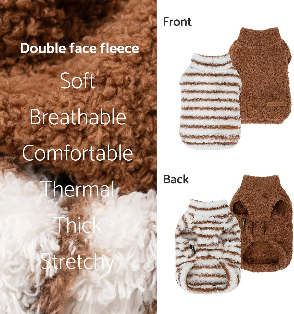 Fitwarm 2 Pack Striped Fleece Dog Sweater, Warm Winter Clothes for Small Dogs Boy Girl, Fuzzy Pet Outfit, White, Brown, 