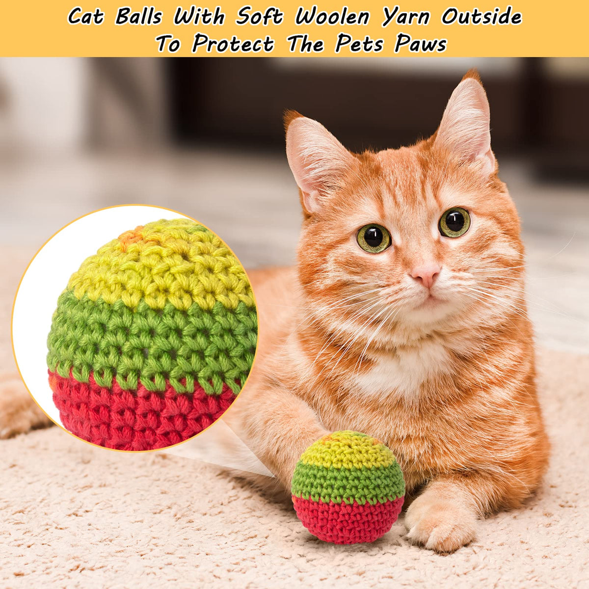 Retro Shaw Cat Toys Balls, 6Pcs Wool Yarn Balls with Bells for Indoor Cats