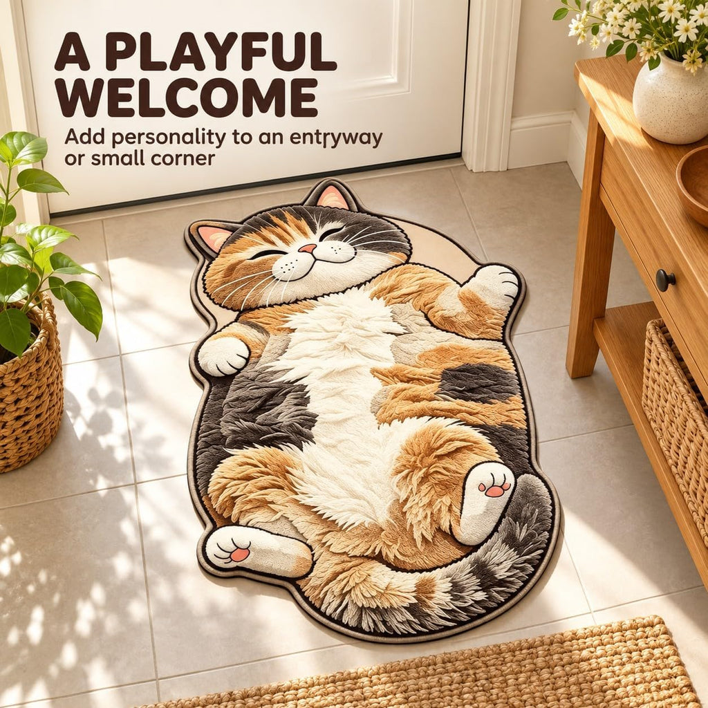 Sleeping Cat Rug, Plush Cat Shaped Floor Mat for Bedroom and Entryway