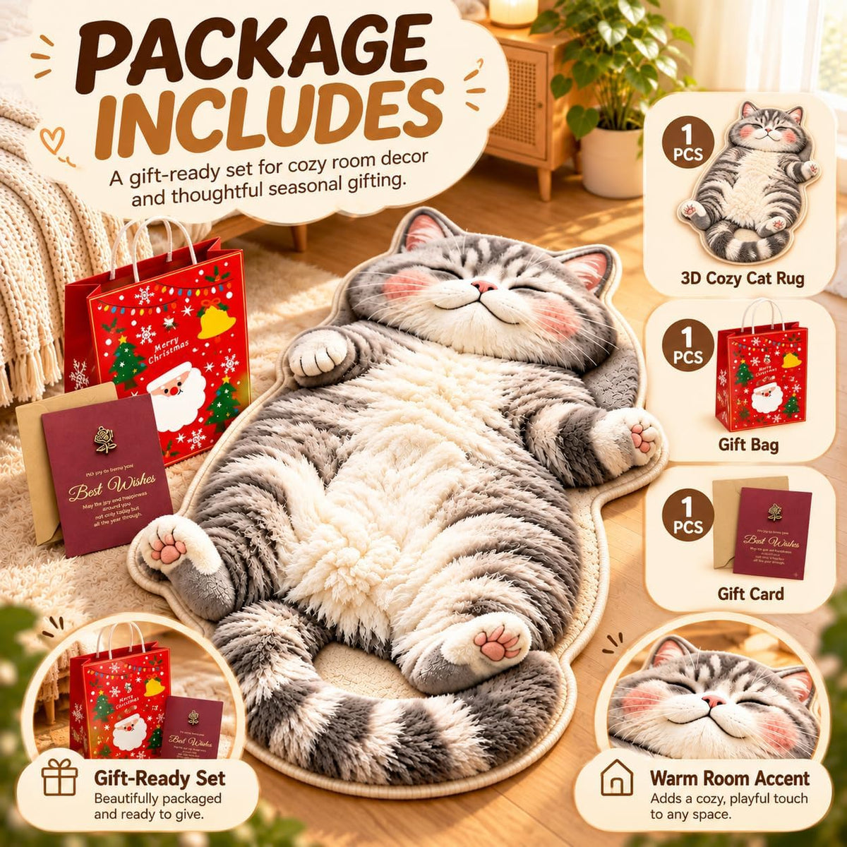 31.5 * 47.2in 3D Cozy Cat Rugs, Plush Sleeping Cat Shaped Rug for Bedroom (Style B, 15.7 × 23.6in)