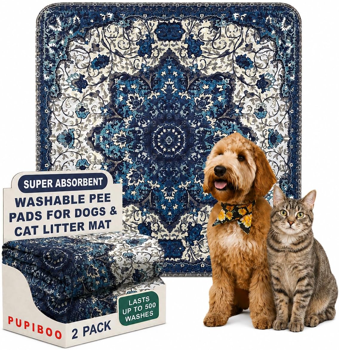 PUPIBOO Washable Pee Pads for Dogs and Cats - Super Absorbent Reusable Puppy Training Pads - 100% Waterproof, Leak-Proof