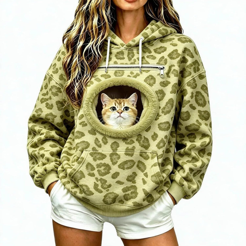 Womens Leopard Print Hoodie - Pet Pouch, Cat Dog Carrier, Kangaroo Pocket
