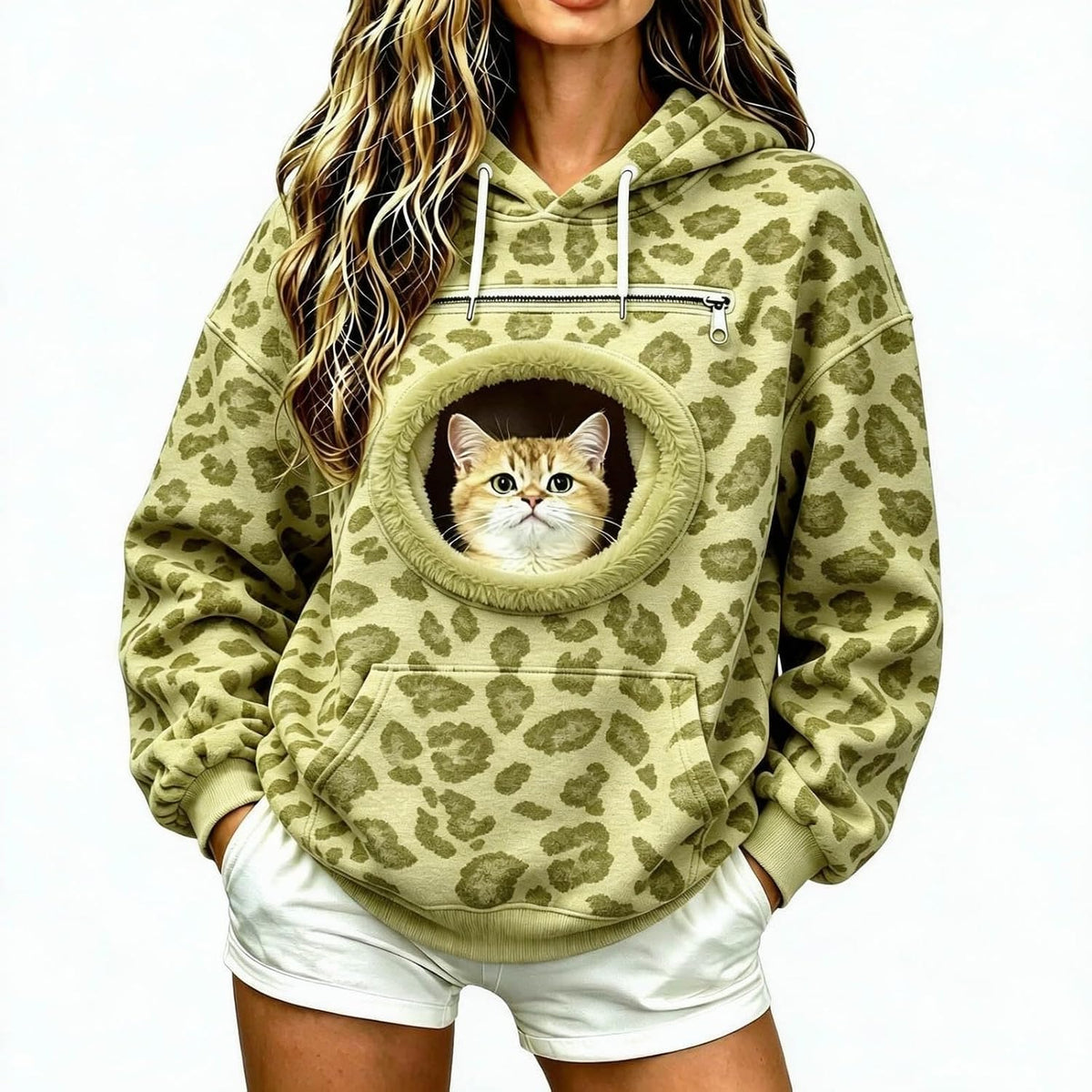 Womens Leopard Print Hoodie - Pet Pouch, Cat Dog Carrier, Kangaroo Pocket