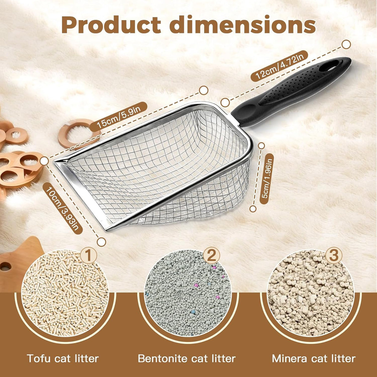Cat Litter Scoop - Long Handle Scooper, Rustproof Stainless Steel Mesh, Non-Slip Grip, Deep Shovel Sifter for All Litter