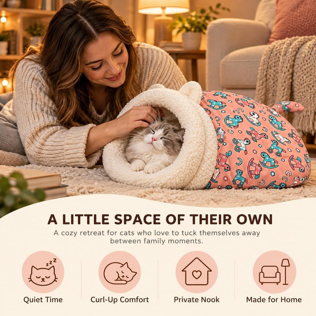 Cat Sleeping Bag for Indoor Cats, Plush Cat Sack Bed with Cozy Cave Opening