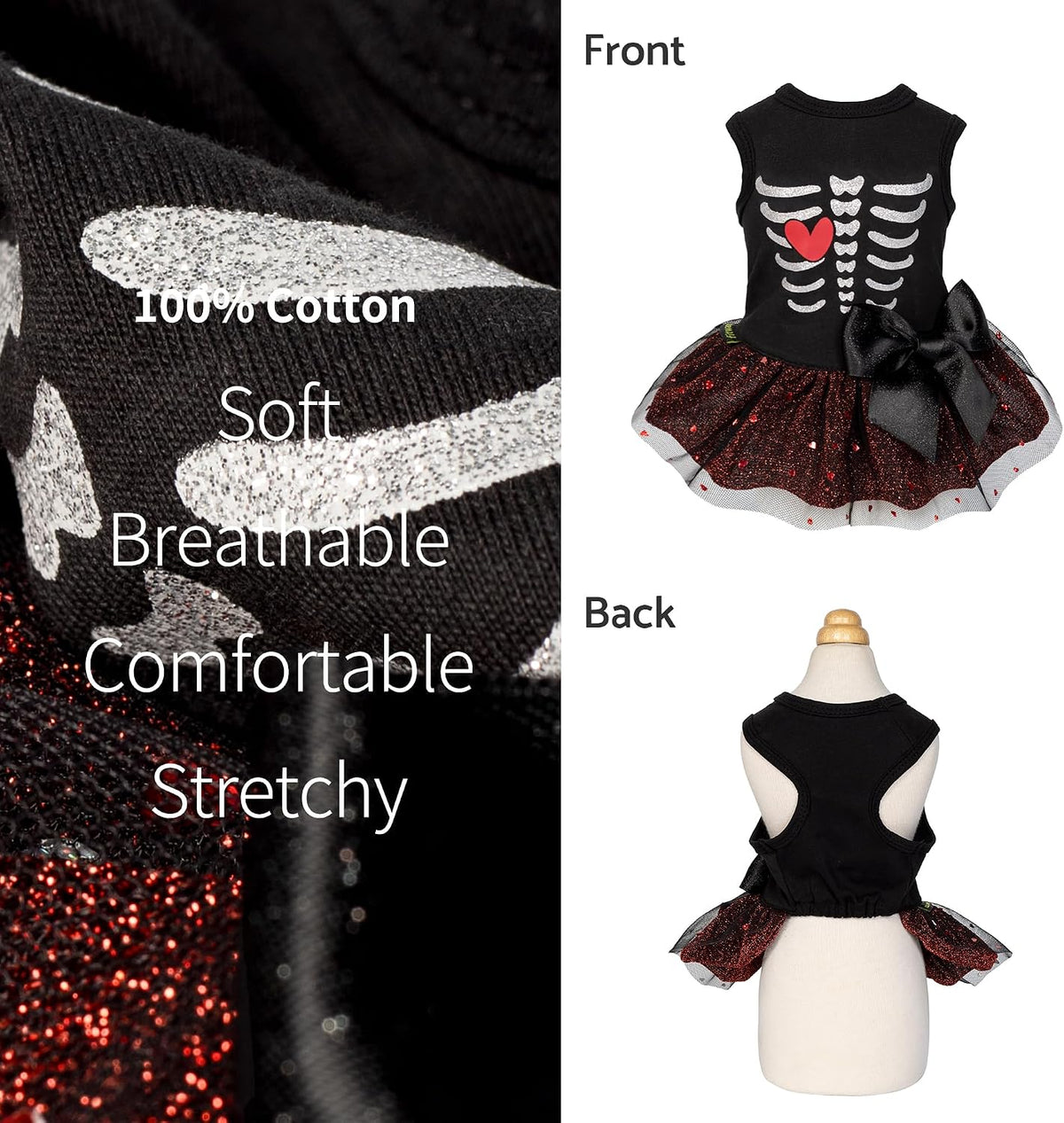 Fitwarm Halloween Skeleton Dog Dress, Funny Dog Halloween Costumes, Doggy Clothes for Small Dogs Girl, Pet Apparel, Blac