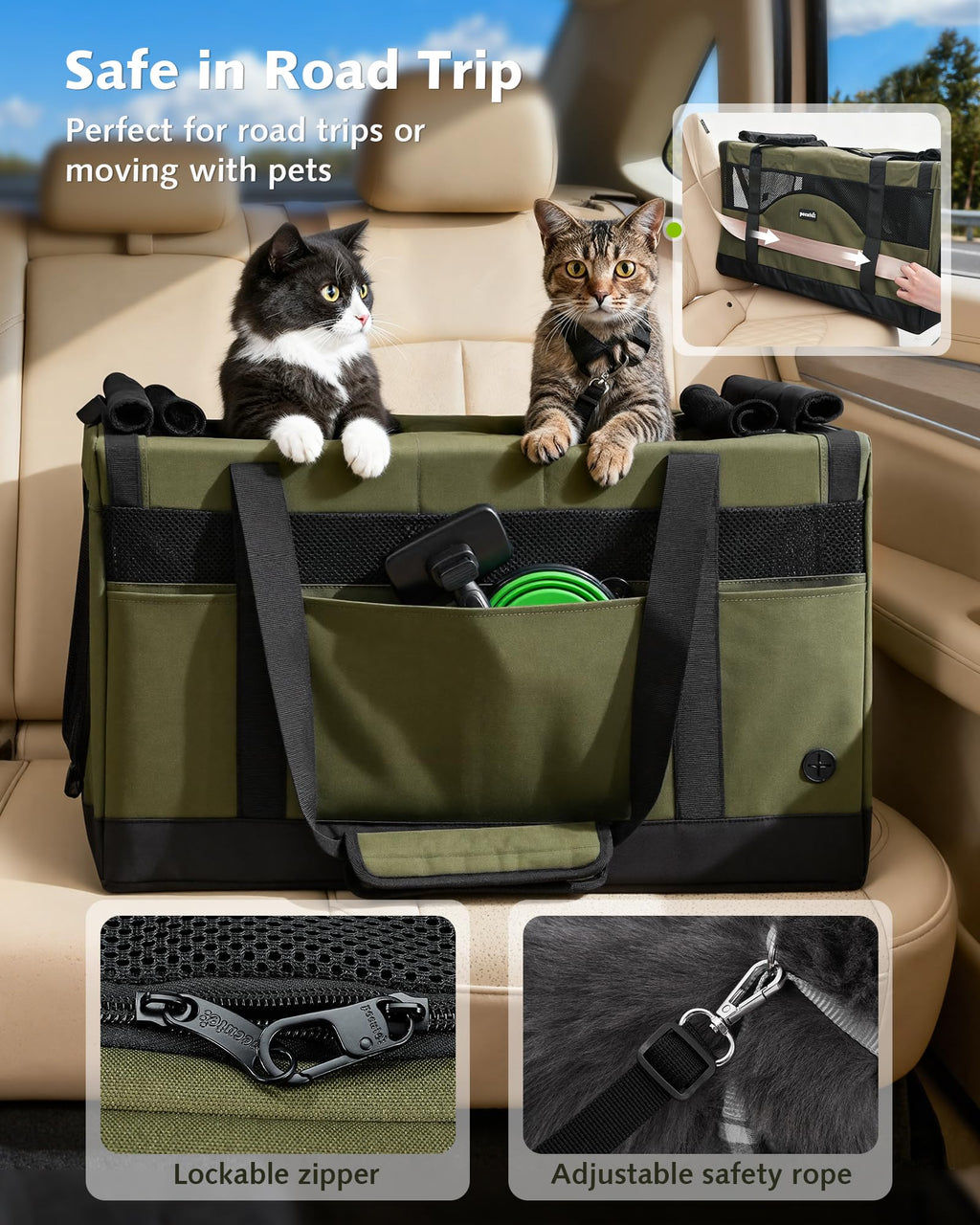 Pecute Large Cat Carrier, Soft Double Pet Crate for 2 Cats Travel, Green