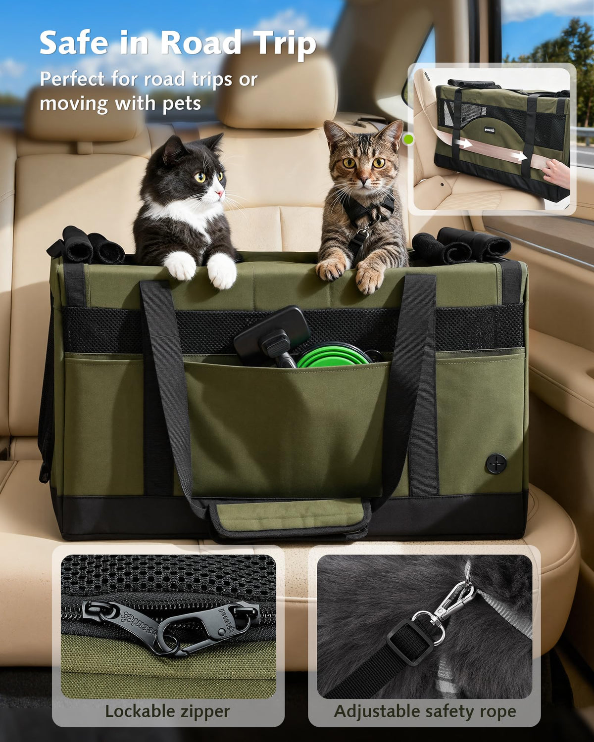 Pecute Large Cat Carrier, Soft Double Pet Crate for 2 Cats Travel, Green