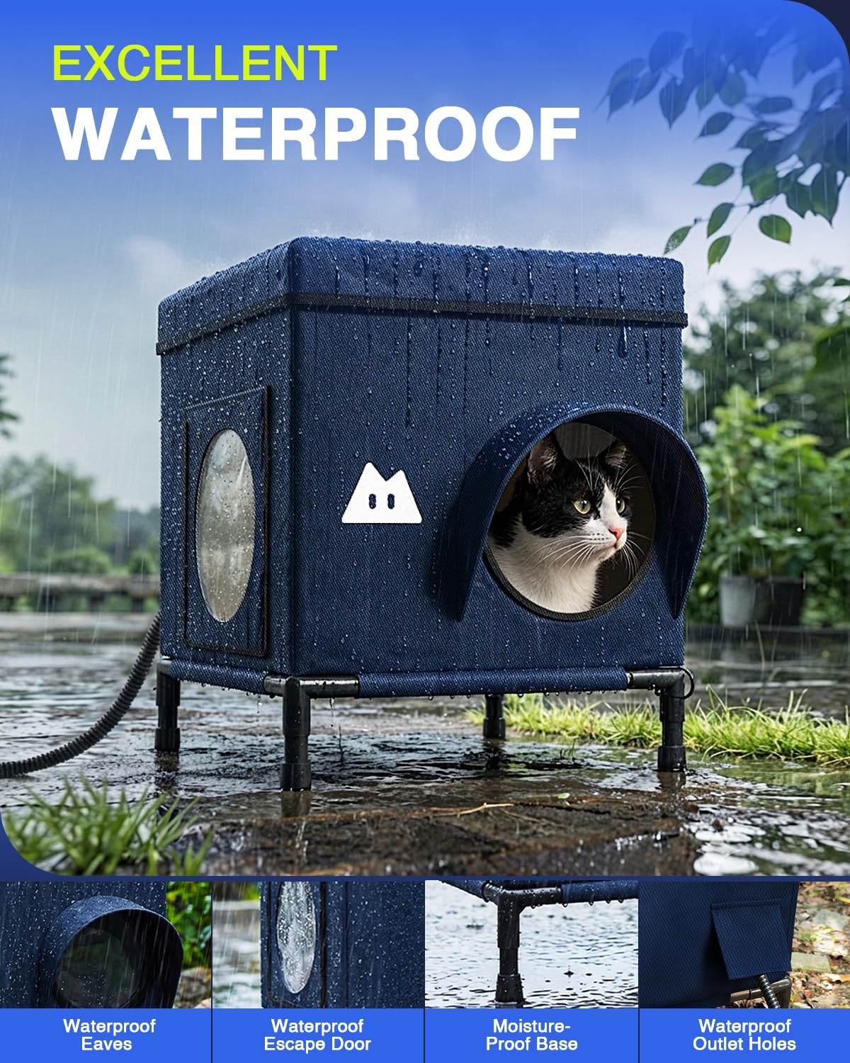 Heated Outdoor Cat House for Outside (Dark Blue,15.8"x15.8"x15.8")
