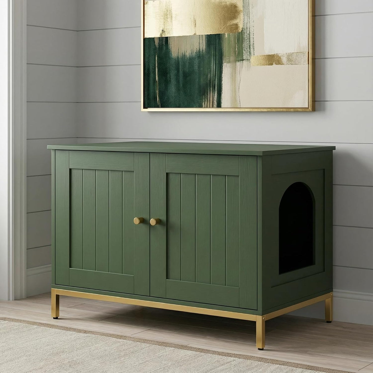 28.3" L Cat Litter Box Enclosure with Metal Frame, Green and Gold