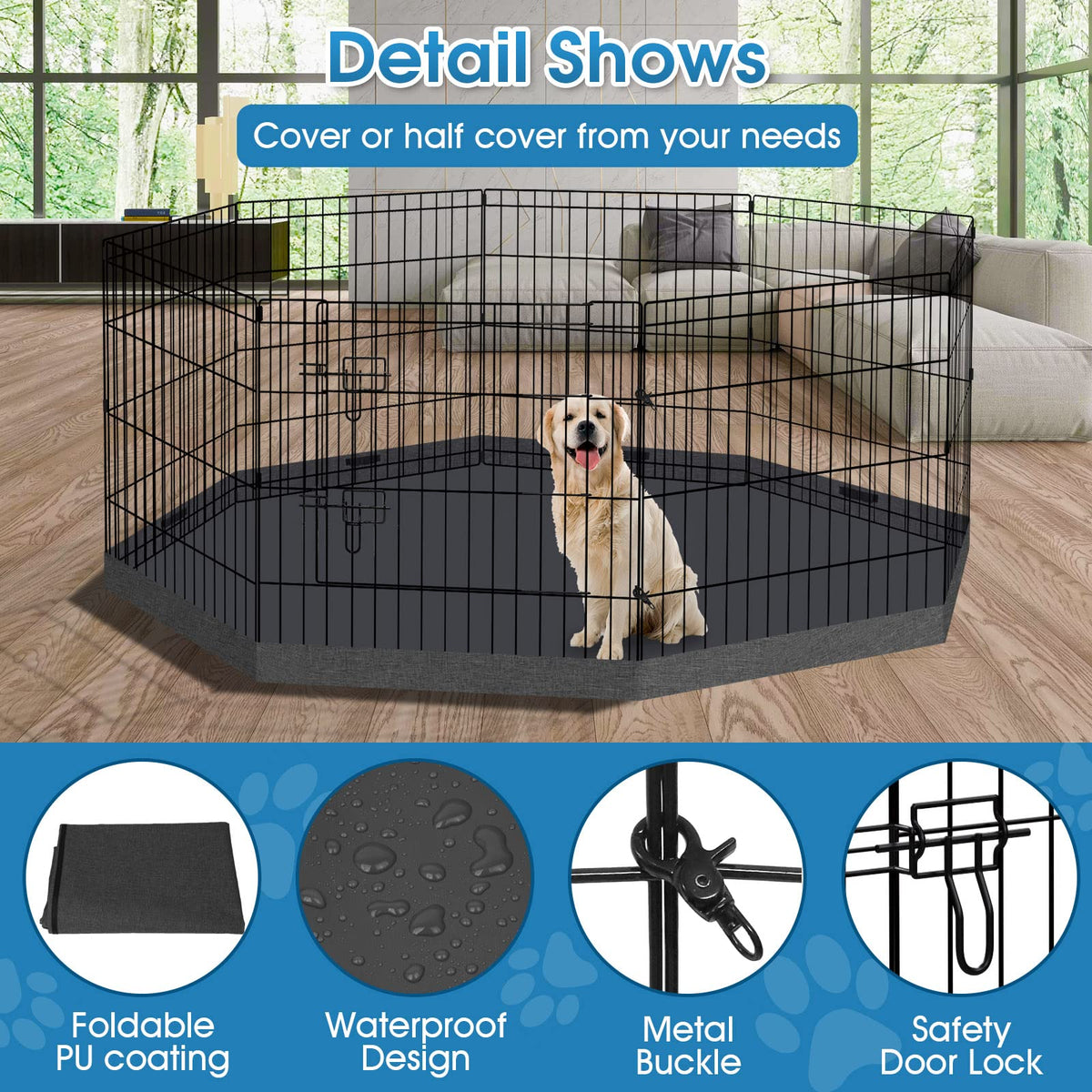 PEEKABOO Foldable Rustproof Dog Playpen with Octagonal Bottom Pad and door