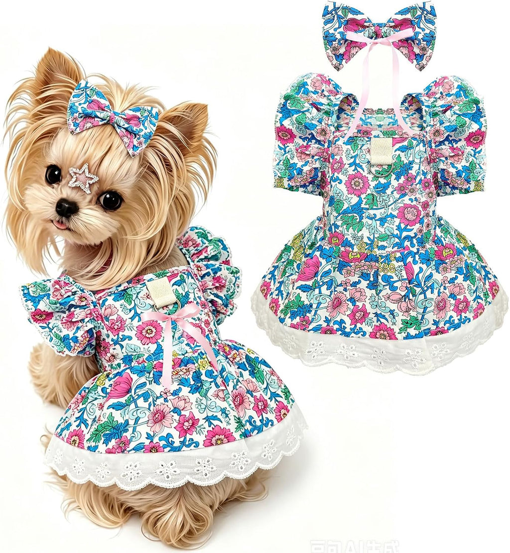 Plaid Small Dog Cat Christmas Dress Outfits with Bow & Leash D-Ring,Soft Breathable Cute Ruffle Xmas Puppy Clothes Girl,
