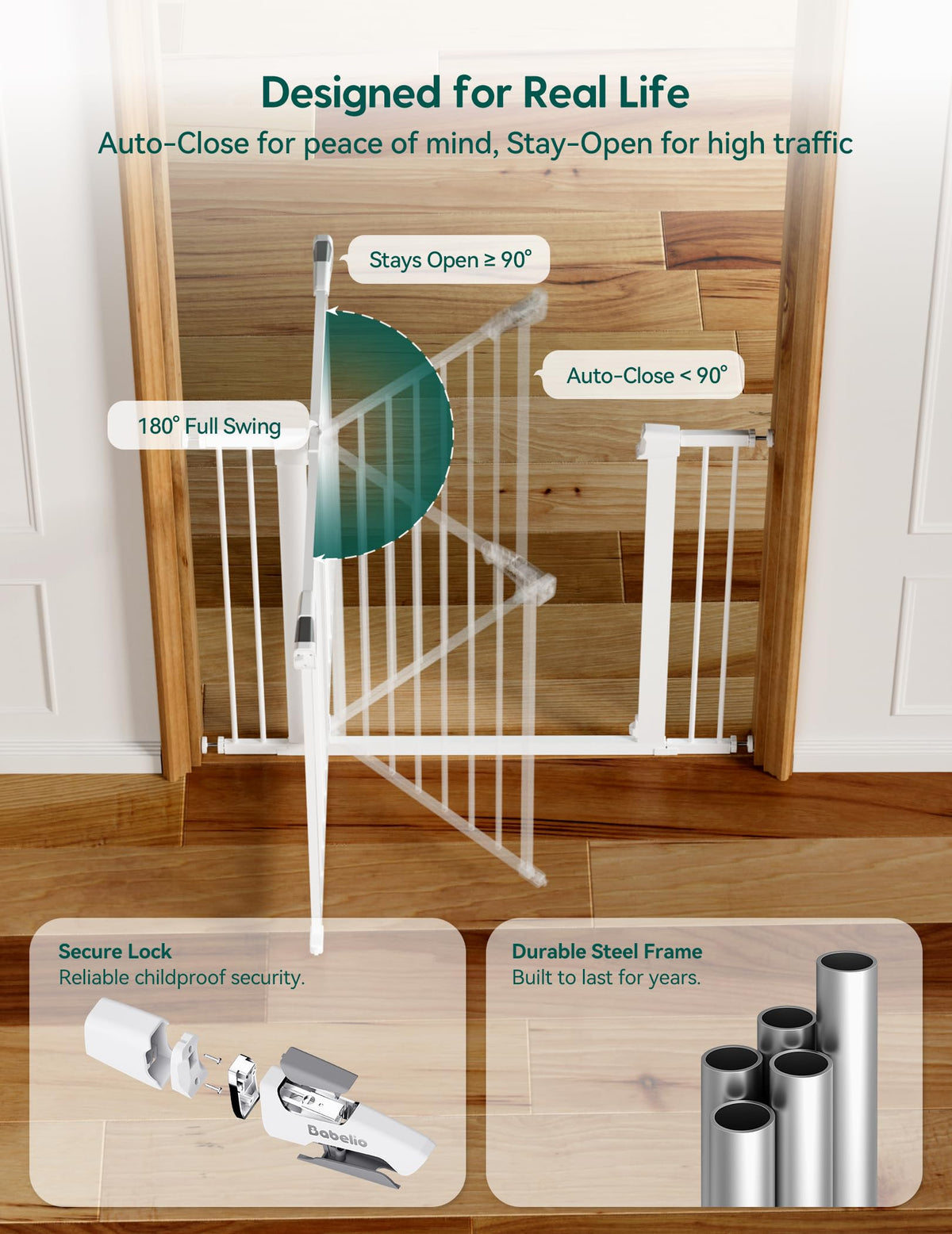Babelio 29-55" Extra Wide Baby Gate with Door, PressGuard P7, White