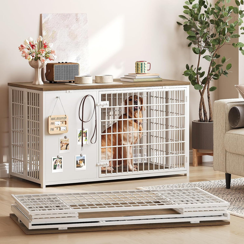 YATINEY Foldable Dog Crate Furniture, Dog Crate with DIY Frame, Heavy Duty Dog Kennel Indoor with Hooks, Wooden Dog Cage