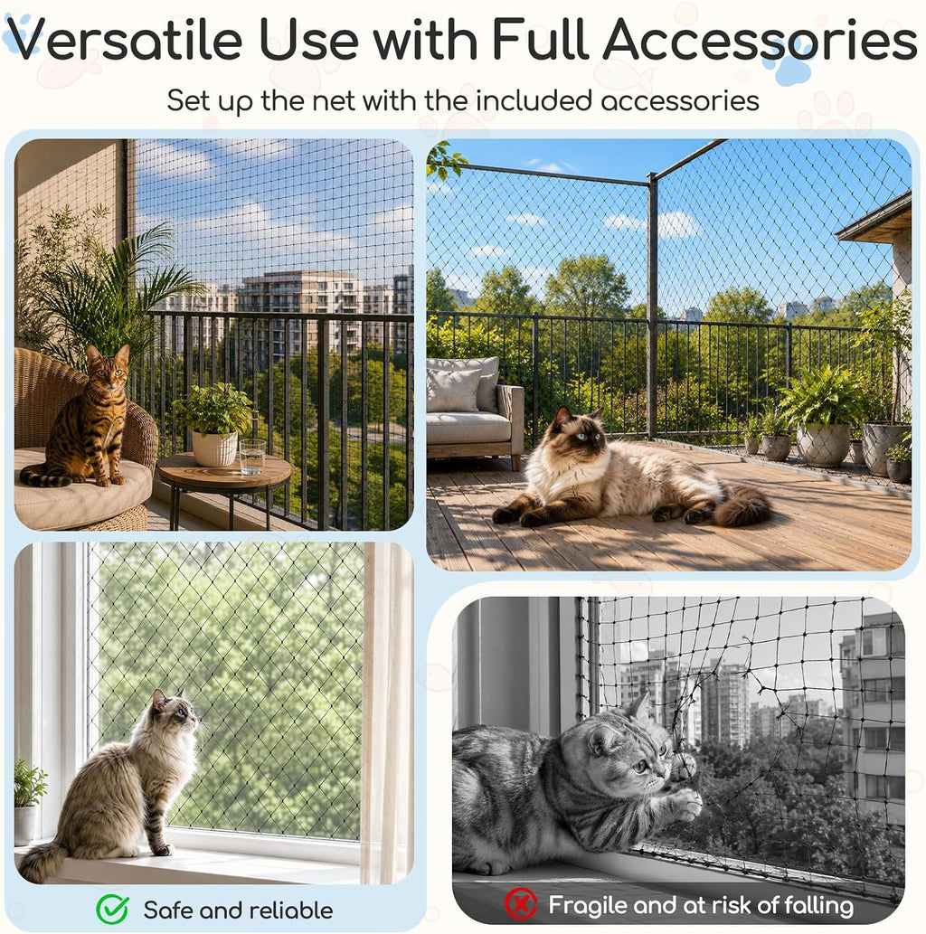 10 x 13 ft Cat Balcony Netting with Steel Wire-Reinforced Mesh