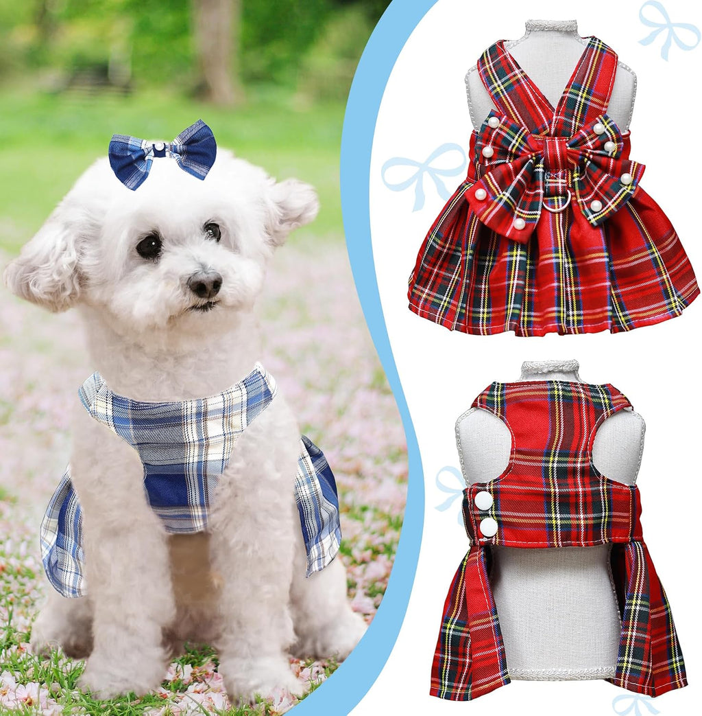Dog Dress Bowknot Harness Leash Set for Small Dogs Girl Cute Plaid Dog Dress Pearls Bow Tie Spring Summer Princess Cloth