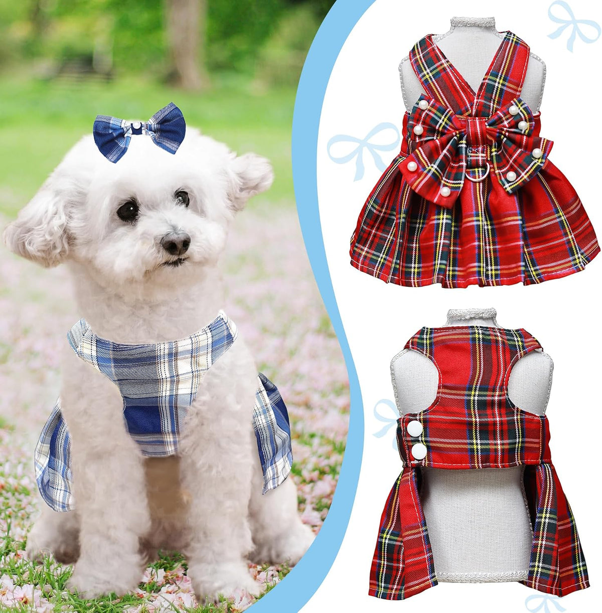 Dog Dress Bowknot Harness Leash Set for Small Dogs Girl Cute Plaid Dog Dress Pearls Bow Tie Spring Summer Princess Cloth