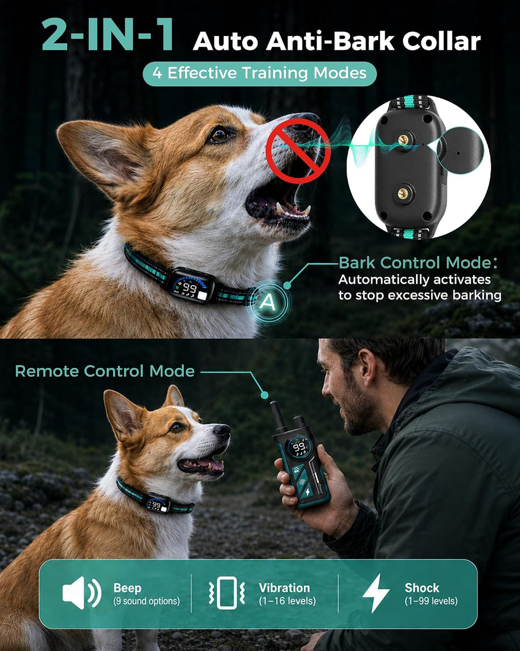 Sevy Buzzy 2-in-1 Dog Bark Collar & Dog Shock Collar with Remote for 2 Dogs