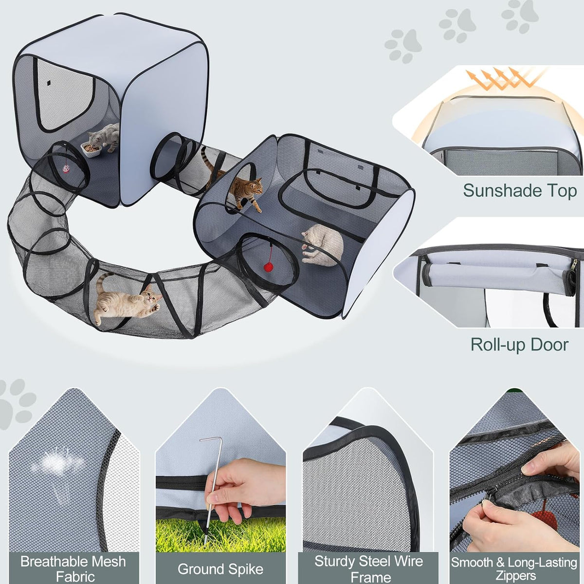 Cat Playpen, 4-in-1 Pop-up Outdoor Cat Enclosure, Grey